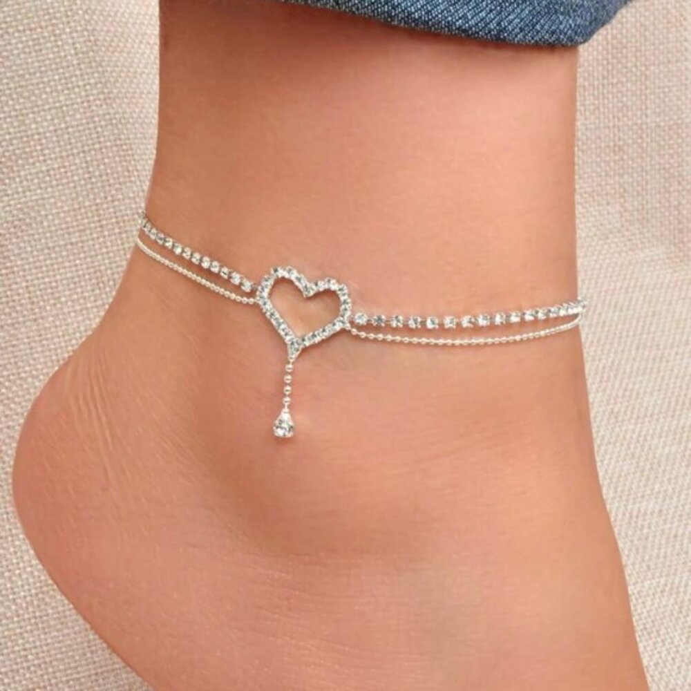 1pc Luxurious Heart Decor Double Layered Adjustable Rhinestone Anklet Women